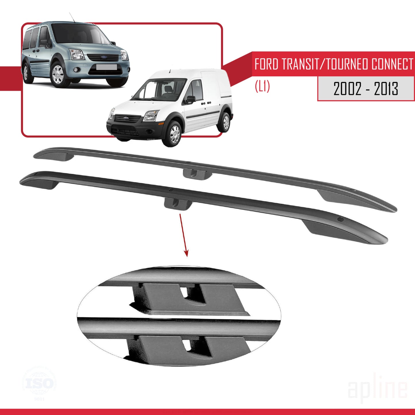 Kompatibel mit Ford Transit/Tourneo Connect 2002–2013 (kurzer Radstand L1/H1) Dachreling, Dachgepäckträger, schwarz