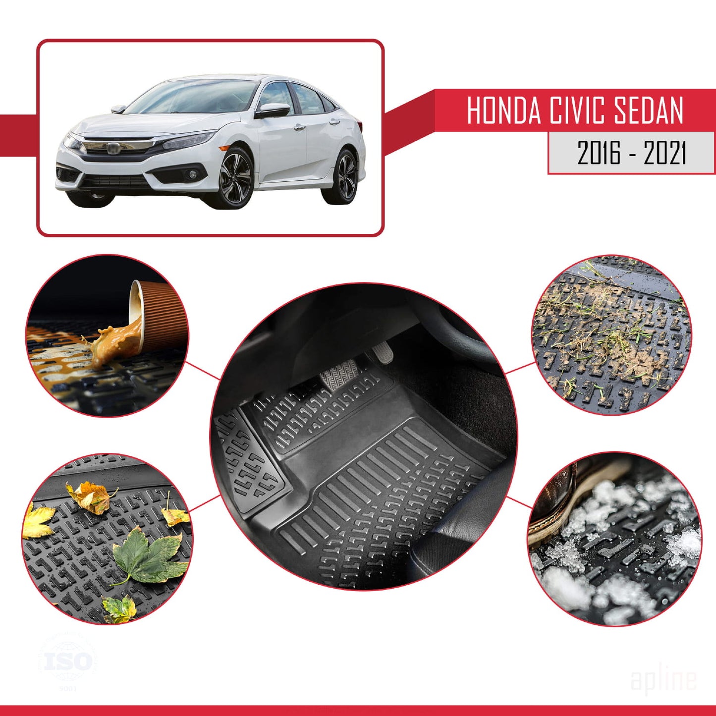 Compatible avec Honda Civic 10 (FC) Berline 2016-2021 4D Tapis de Voiture Noir