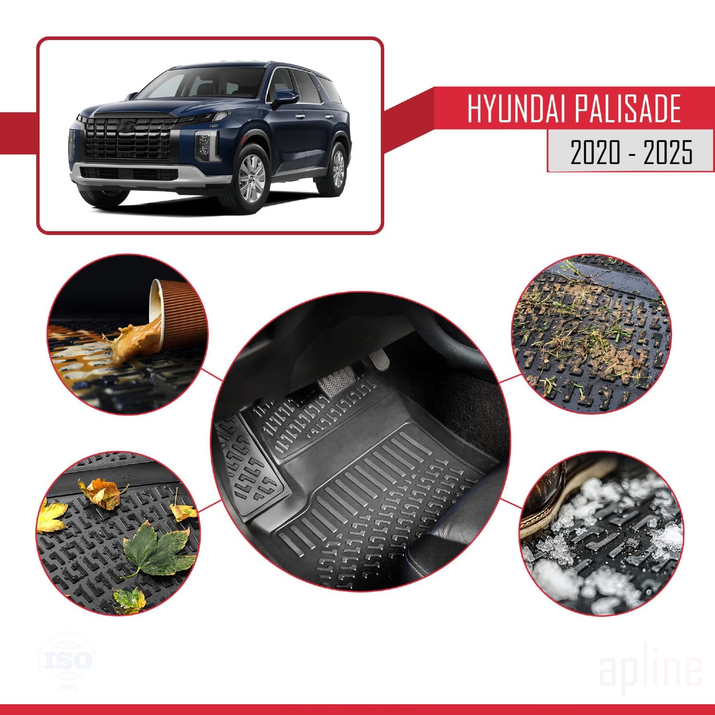 Kompatibel mit Hyundai Palisade (7 Koltuk) 2020-2025 4D Gummimatten Schwarz