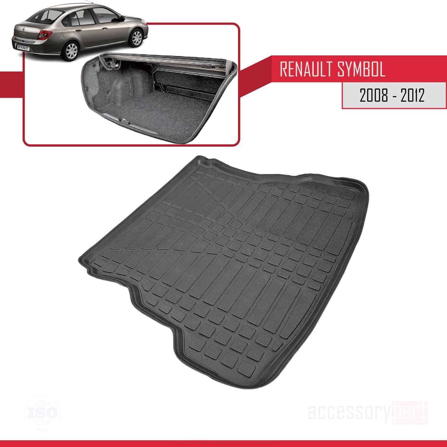 Compatible avec Renault Symbol 2 2008-2012 Flexible Tapis de Coffre Plancher de Chargement Noir