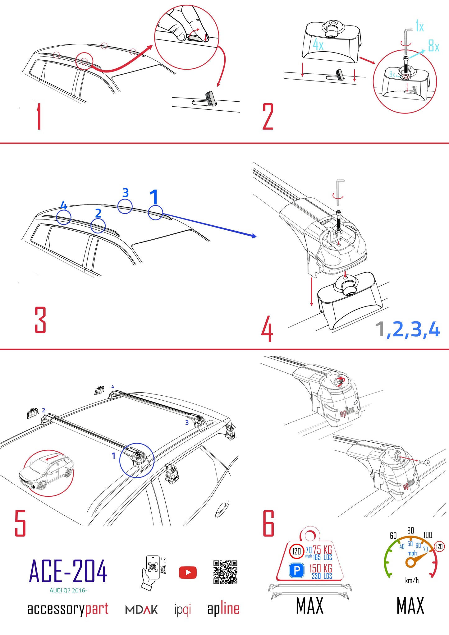 Compatible with Q7 (4M) 2016-2025 ACE-2 Car Roof Rack Cross Bar Black Aluminium 2 Bars