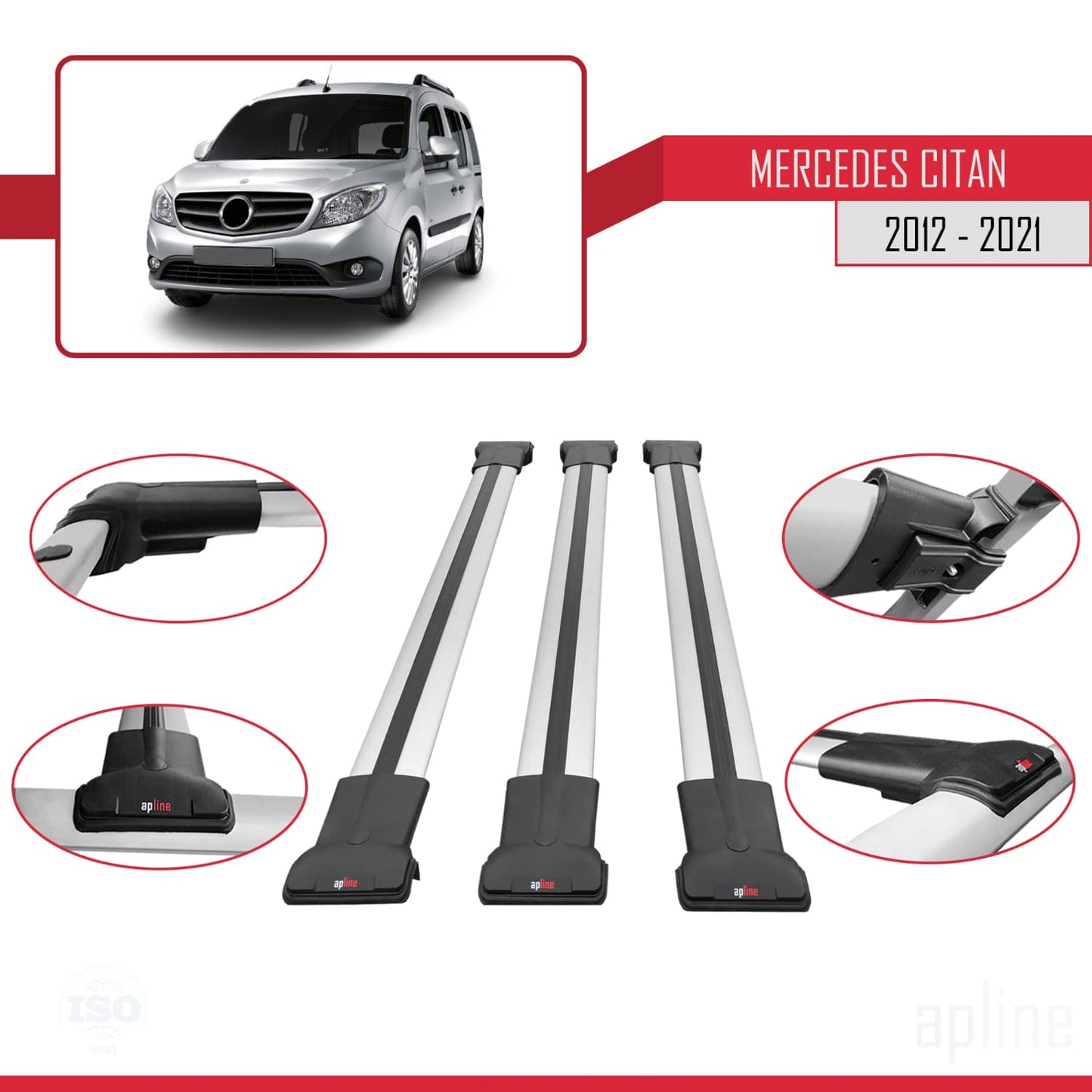 Kompatibel mit Mercedes Citan (W415) 2012-2021 FLY Model Relingträger Dachträger Auto Gepäckträger Grau Aluminium 3 Stangen