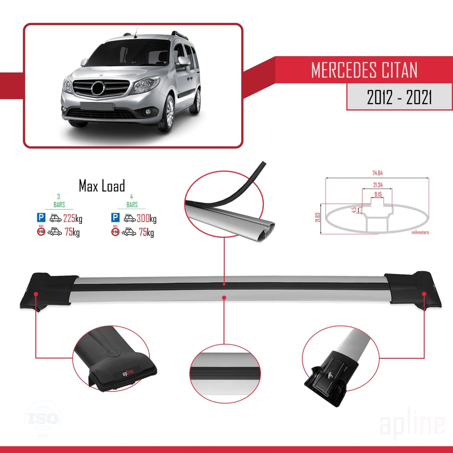 Kompatibel mit Mercedes Citan (W415) 2012-2021 FLY Model Relingträger Dachträger Auto Gepäckträger Grau Aluminium 4 Stangen