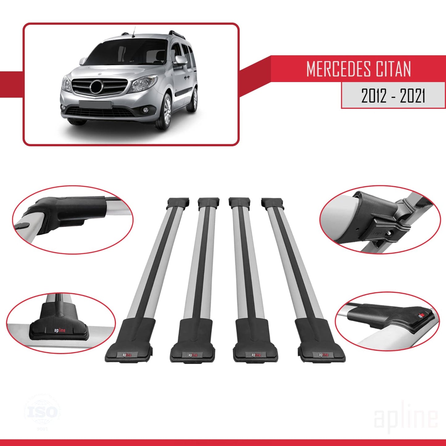 Kompatibel mit Mercedes Citan (W415) 2012-2021 FLY Model Relingträger Dachträger Auto Gepäckträger Grau Aluminium 4 Stangen