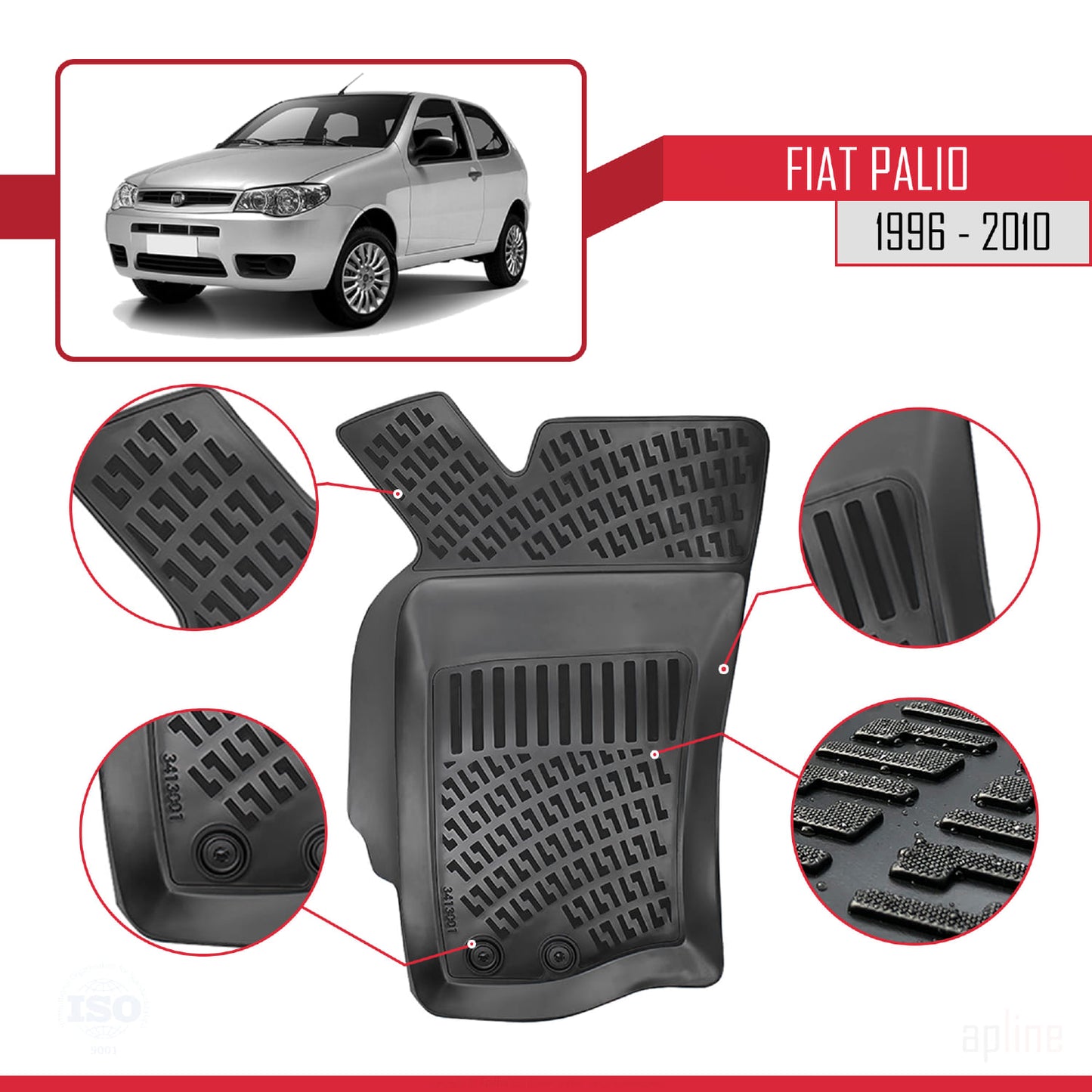 Compatible avec Fiat Palio (178) 1996-2010 4D Tapis de Voiture Noir