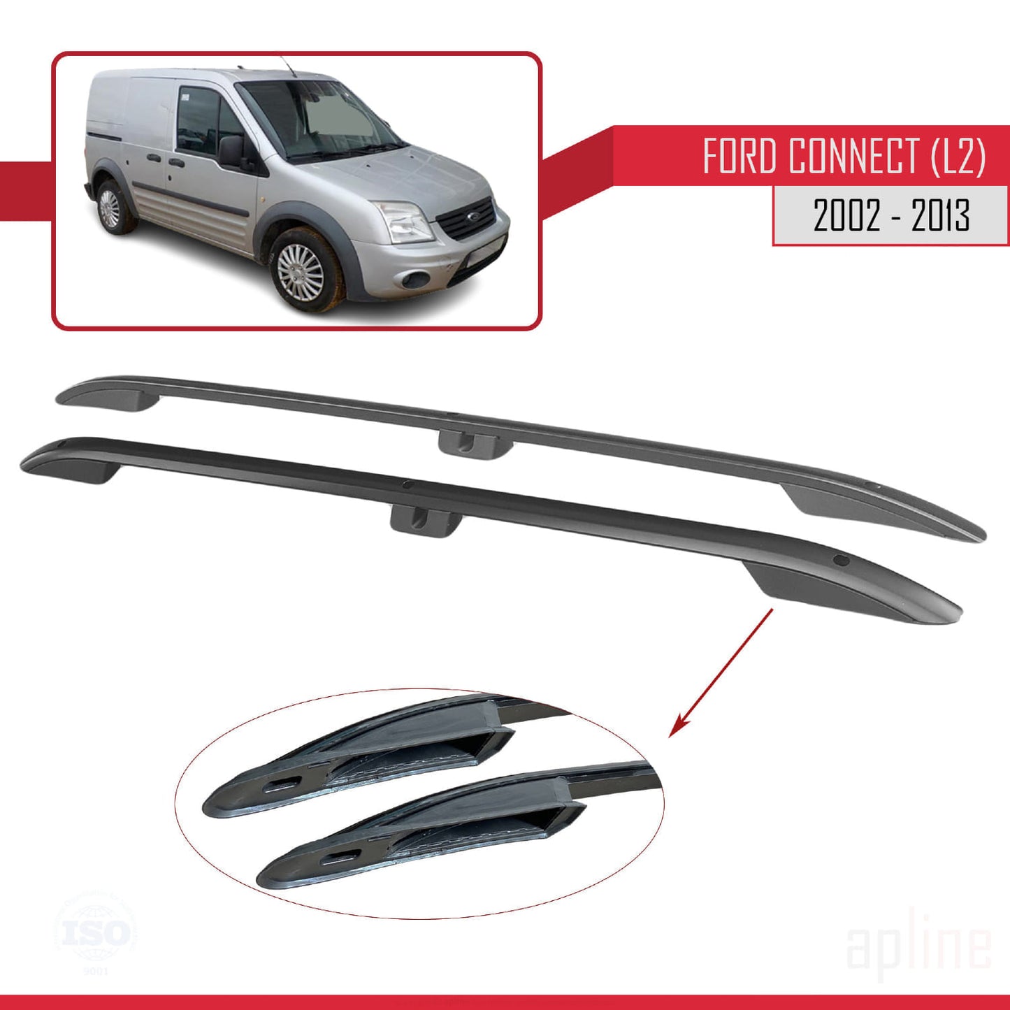 Kompatibel mit Ford Transit/Tourneo Connect 2002–2013 (langer Radstand L2/H1) Dachreling, Dachgepäckträger, schwarz