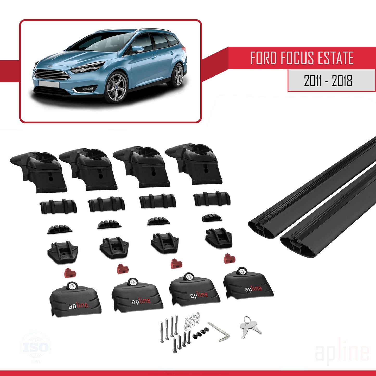 Kompatibel mit Ford Focus 3 (C346) Kombi 2011-2018 ACE-2 Dachgepäckträger, Reling, Gepäckträger, schwarzes Aluminium, 2 Stangen