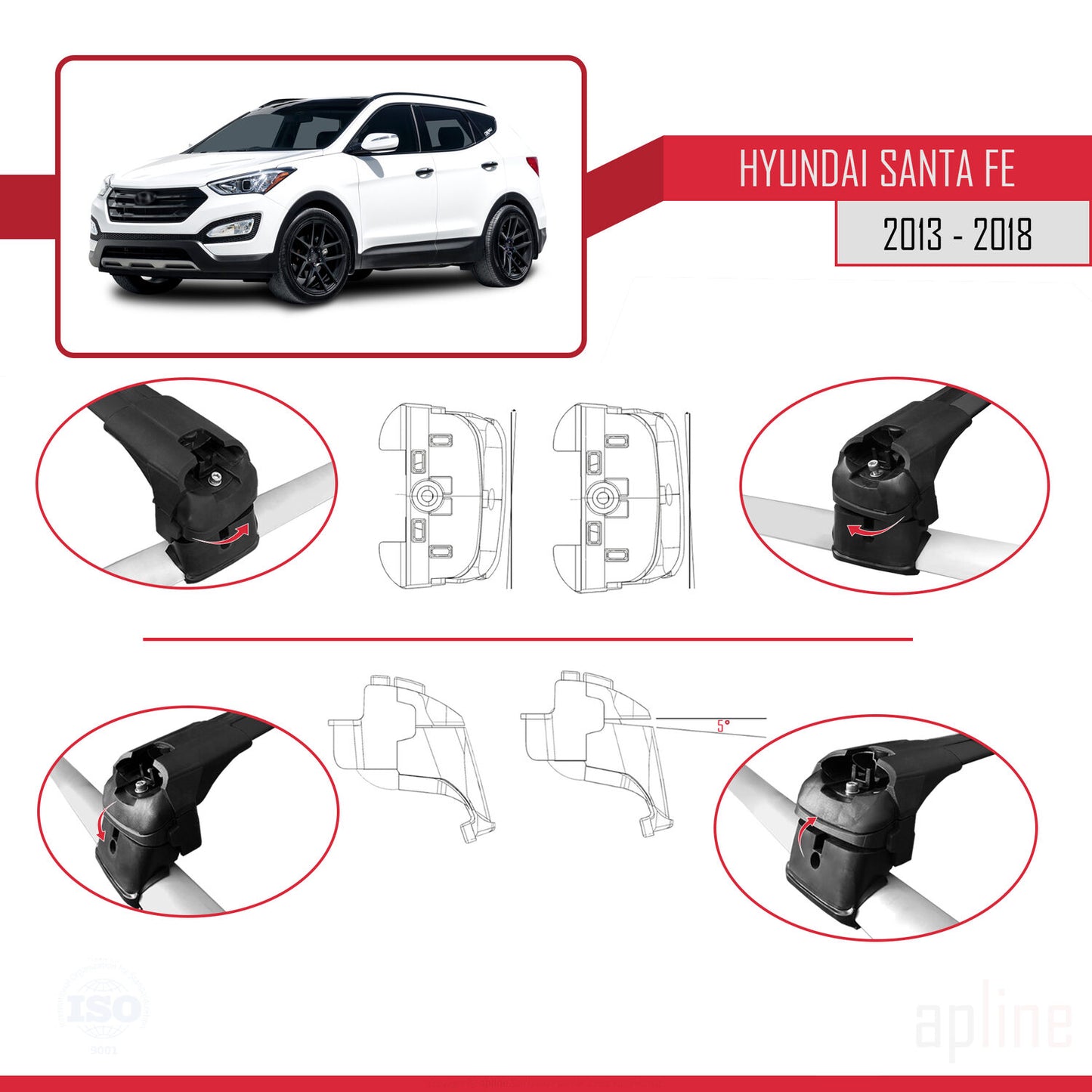 Compatibile con Hyundai Santa Fe 3 (DM) 2013-2018 ACE-2 Barre portatutto per auto Portapacchi in alluminio nero 2 barre