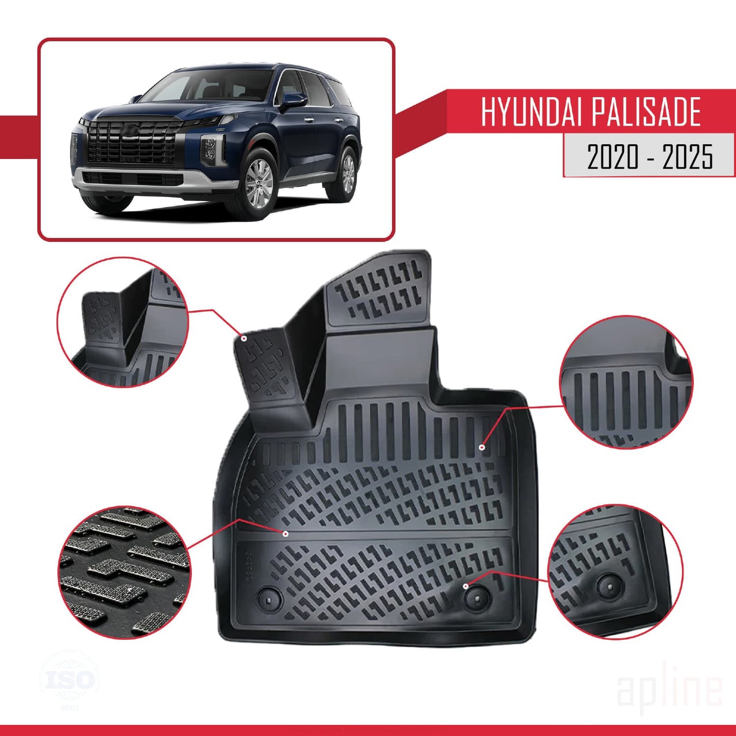 Kompatibel mit Hyundai Palisade (7 Koltuk) 2020-2025 4D Gummimatten Schwarz