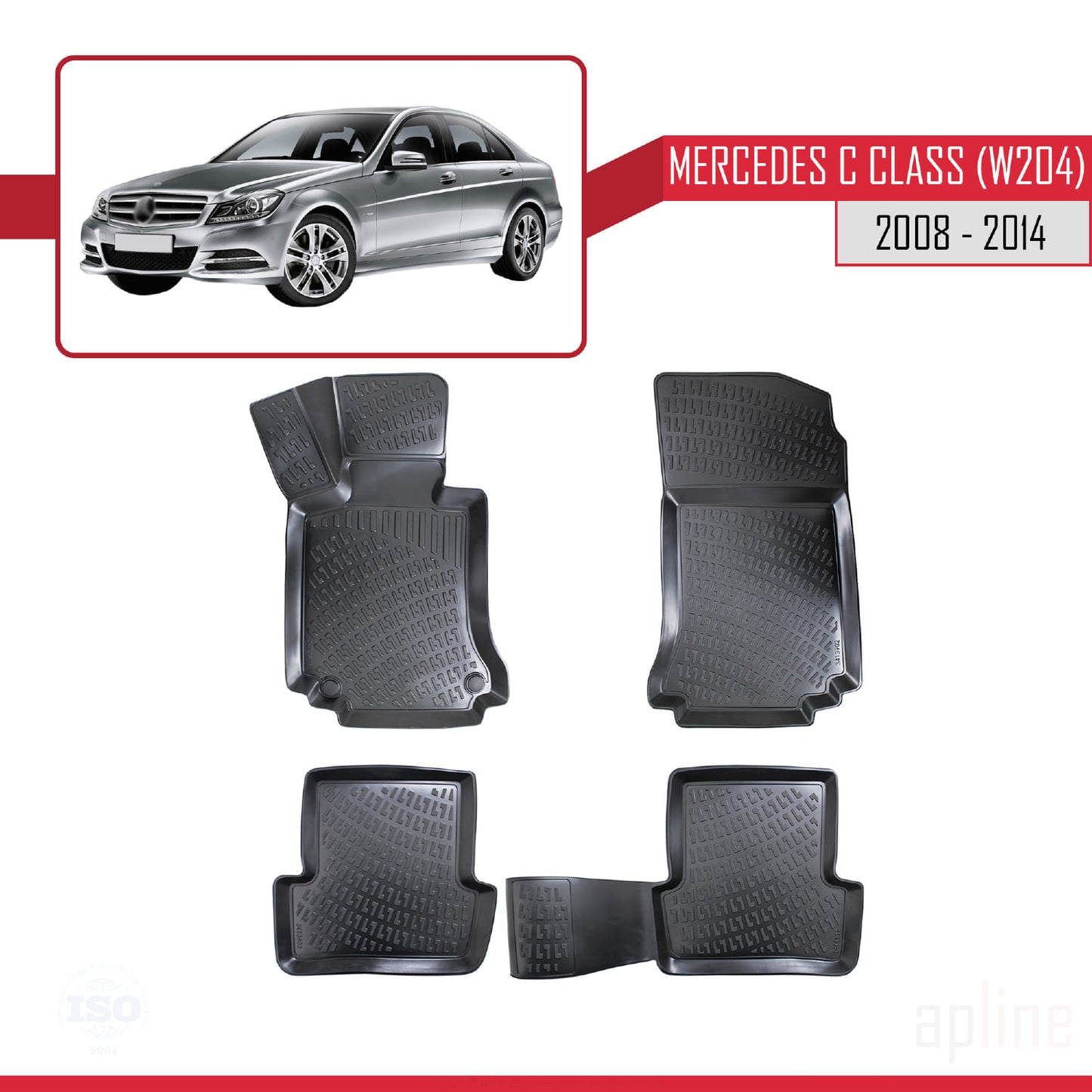 Compatible avec Mercedes Classe C 3 (W204) 2008-2014 4D Tapis de Voiture Noir