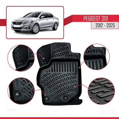 Compatible avec Peugeot 301 2012-2025 4D Tapis de Voiture Noir