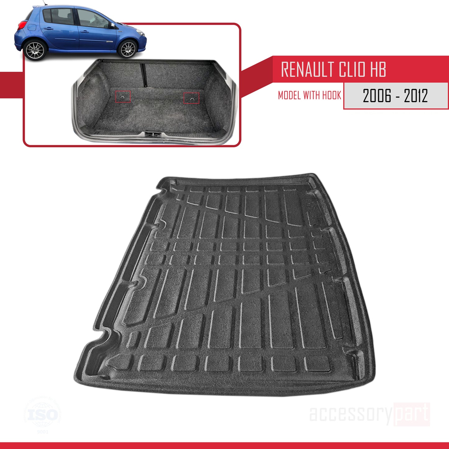 Compatible avec Renault Clio 3 2006-2012 Flexible Tapis de Coffre Plancher de Chargement Noir