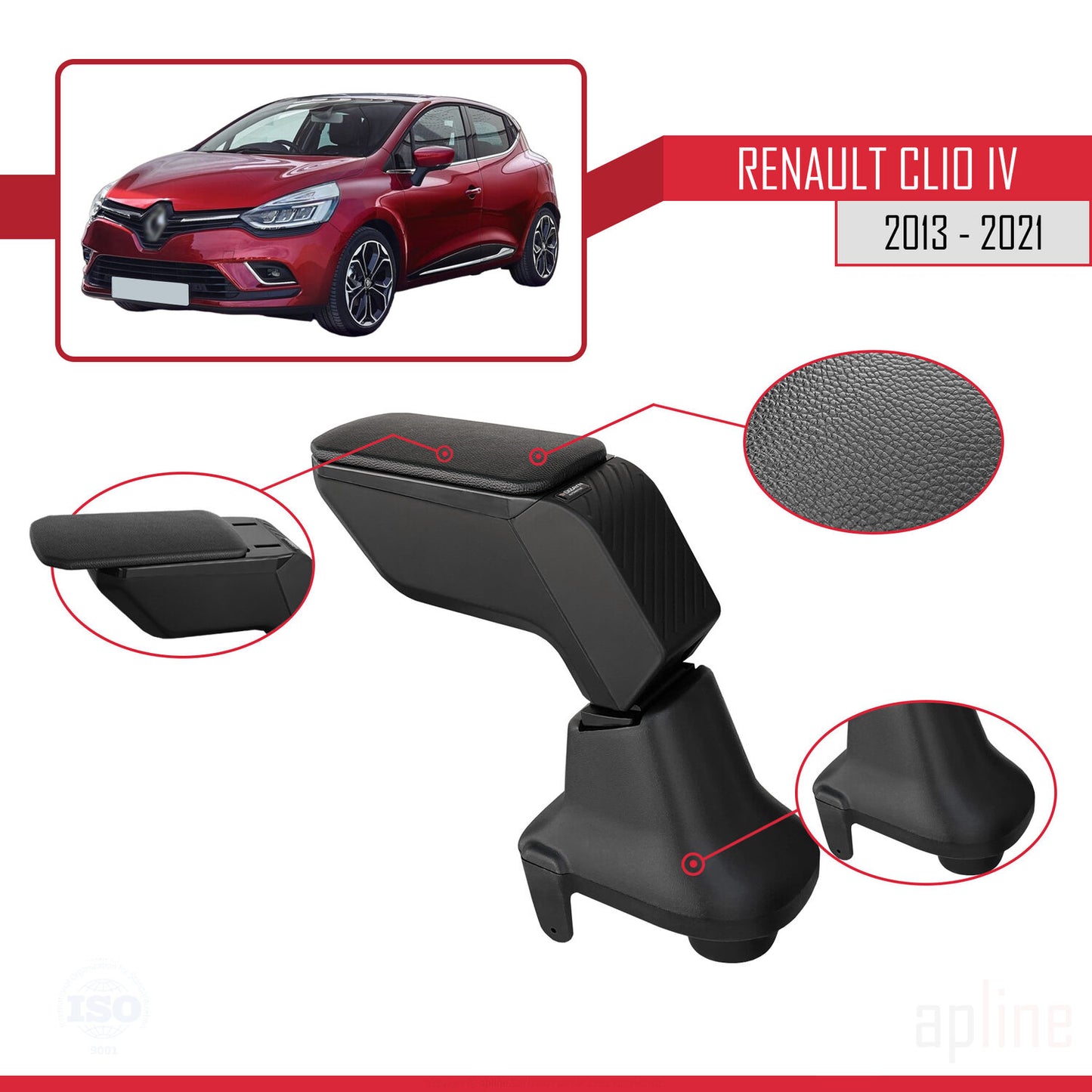 Accoudoir Central pour Renault Clio (4) 2013-2023 Console de Rangement Compartiment Similicuir NOIR