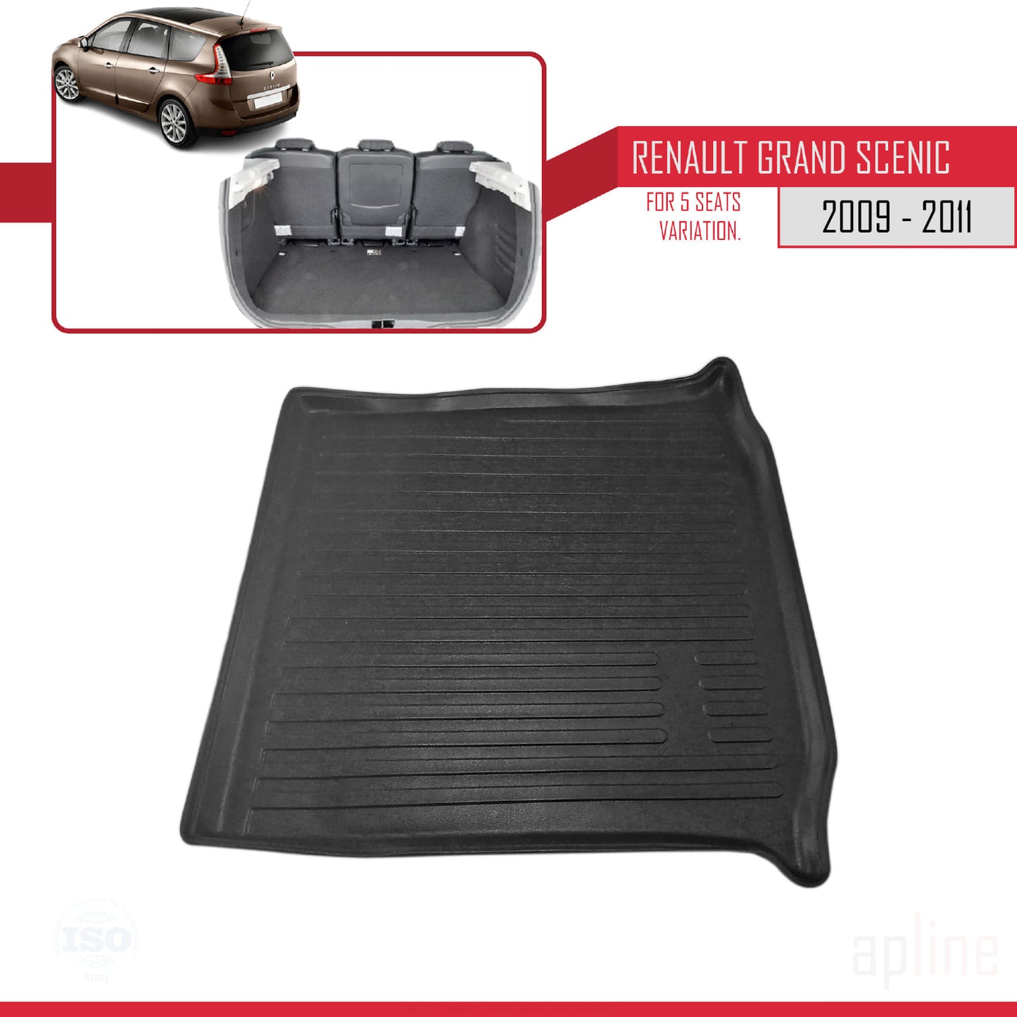 Compatible avec Renault Scenic 3 Pre-Facelift 2009-2011 Flexible Tapis de Coffre Plancher de Chargement Noir