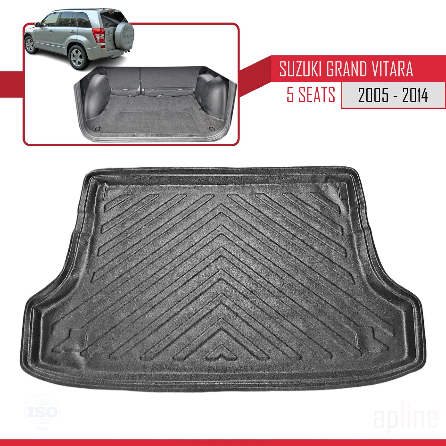 Compatible avec Suzuki Grand Vitara 2 (JT) (5 Koltuk) 2005-2014 Flexible Tapis de Coffre Plancher de Chargement Noir