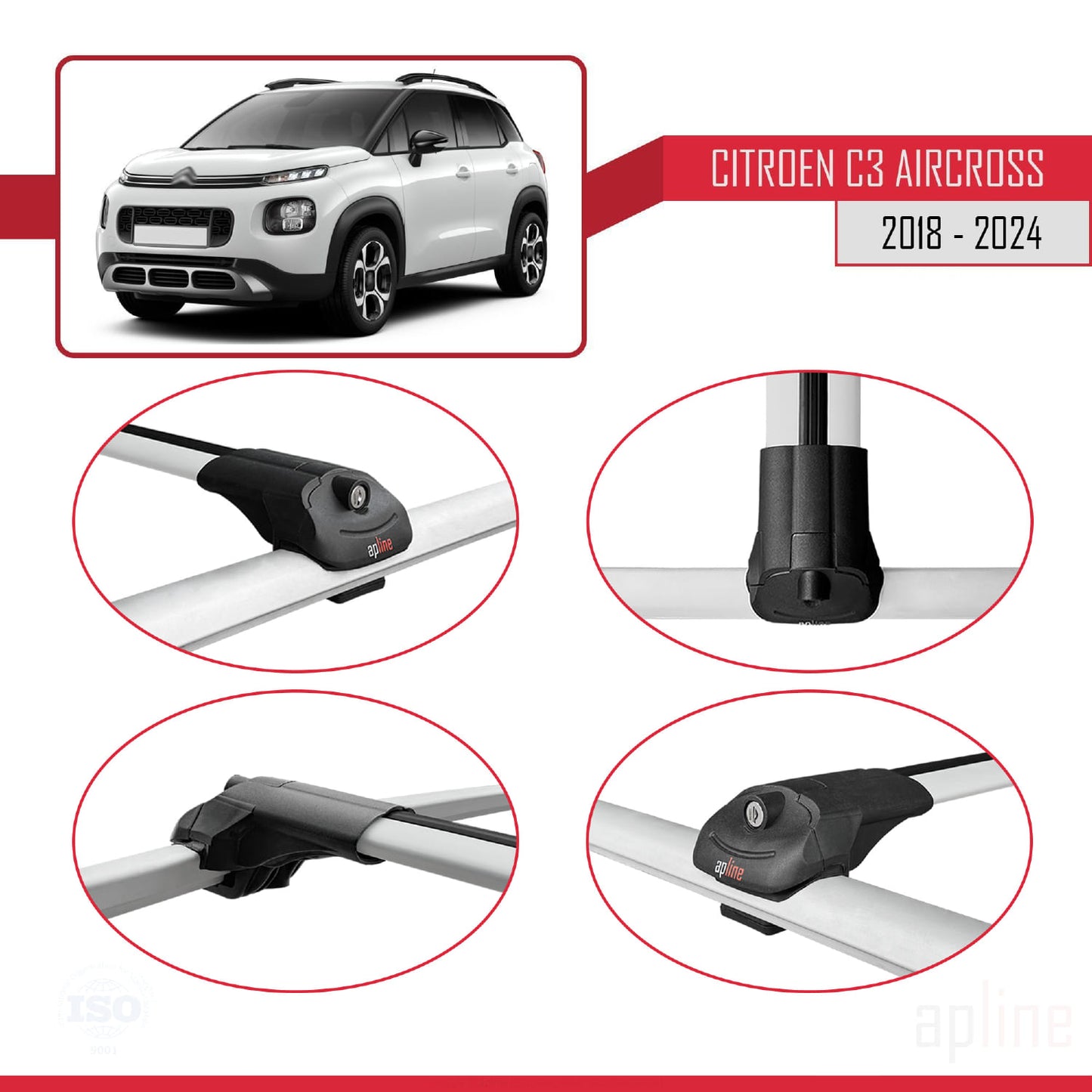 Kompatibel mit Citroen C3 Aircross (A88) 2018-2024 ACE-1 Relingträger Dachträger Auto Gepäckträger Grau Aluminium 3 Stangen