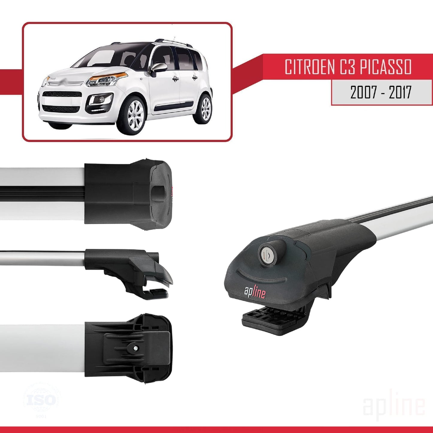 Kompatibel mit Citroen C3 Picasso 2009-2017 ACE-1 Relingträger Dachträger Auto Gepäckträger Grau Aluminium 3 Stangen