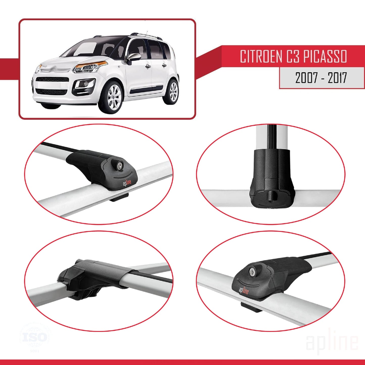 Kompatibel mit Citroen C3 Picasso 2009-2017 ACE-1 Relingträger Dachträger Auto Gepäckträger Grau Aluminium 3 Stangen