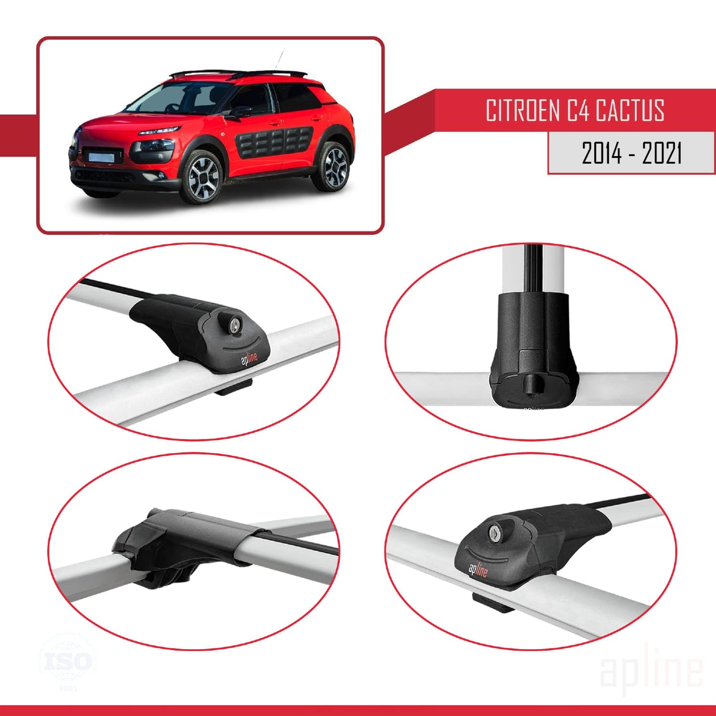 Kompatibel mit Citroen C4 Cactus 2014-2021 ACE-1 Dachgepäckträger, Reling, Gepäckträger, graues Aluminium, 2 Stangen