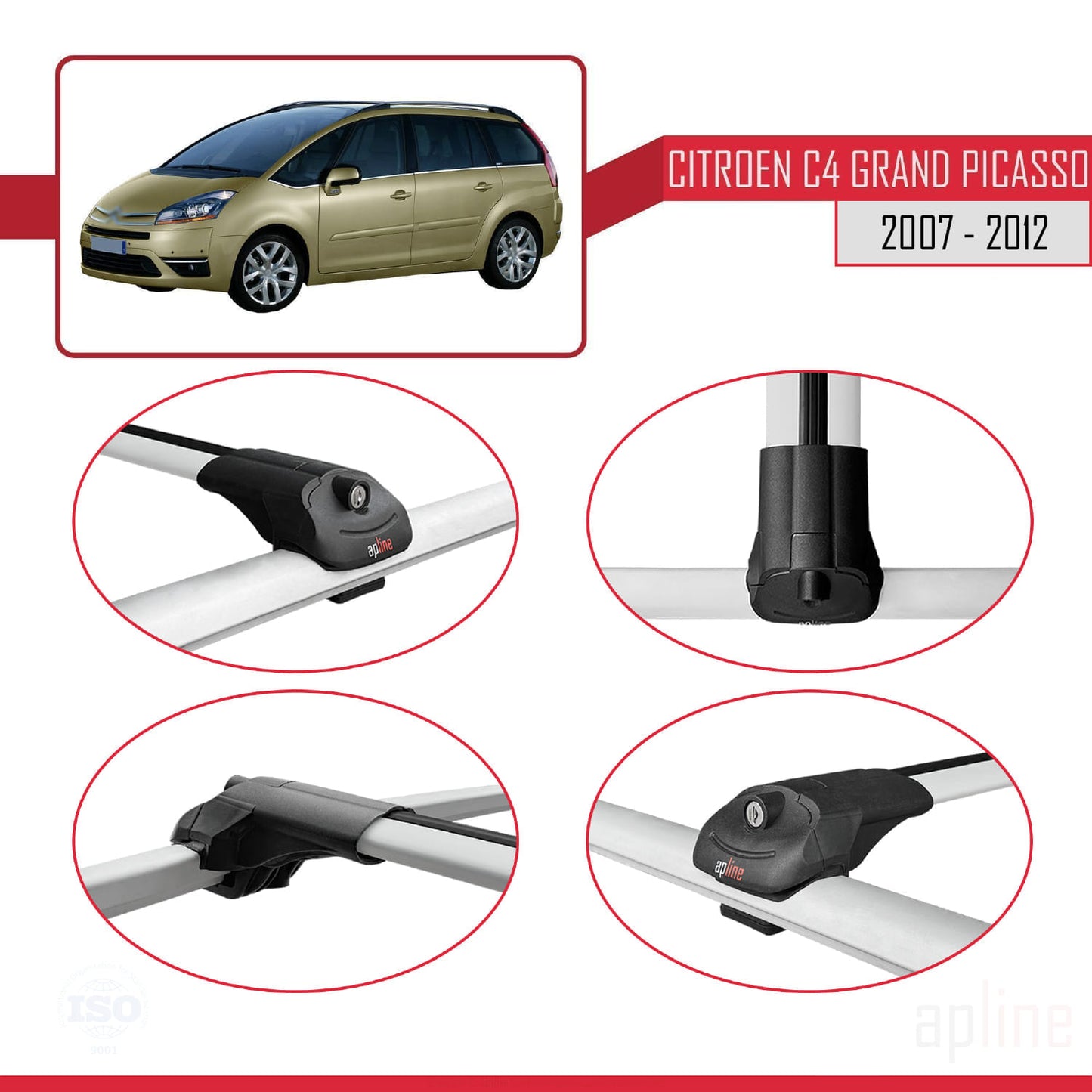 Kompatibel mit Citroen Grand C4 Picasso 2007-2012 ACE-1 Dachgepäckträger, Reling, Gepäckträger, graues Aluminium, 3 Stangen