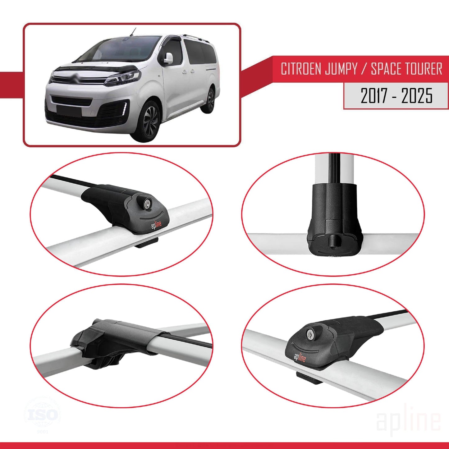 Kompatibel mit Citroen Jumpy 3 (K0) Space Tourer 2017-2025 ACE-1 Dachgepäckträger, Reling, Gepäckträger, graues Aluminium, 2 Stangen