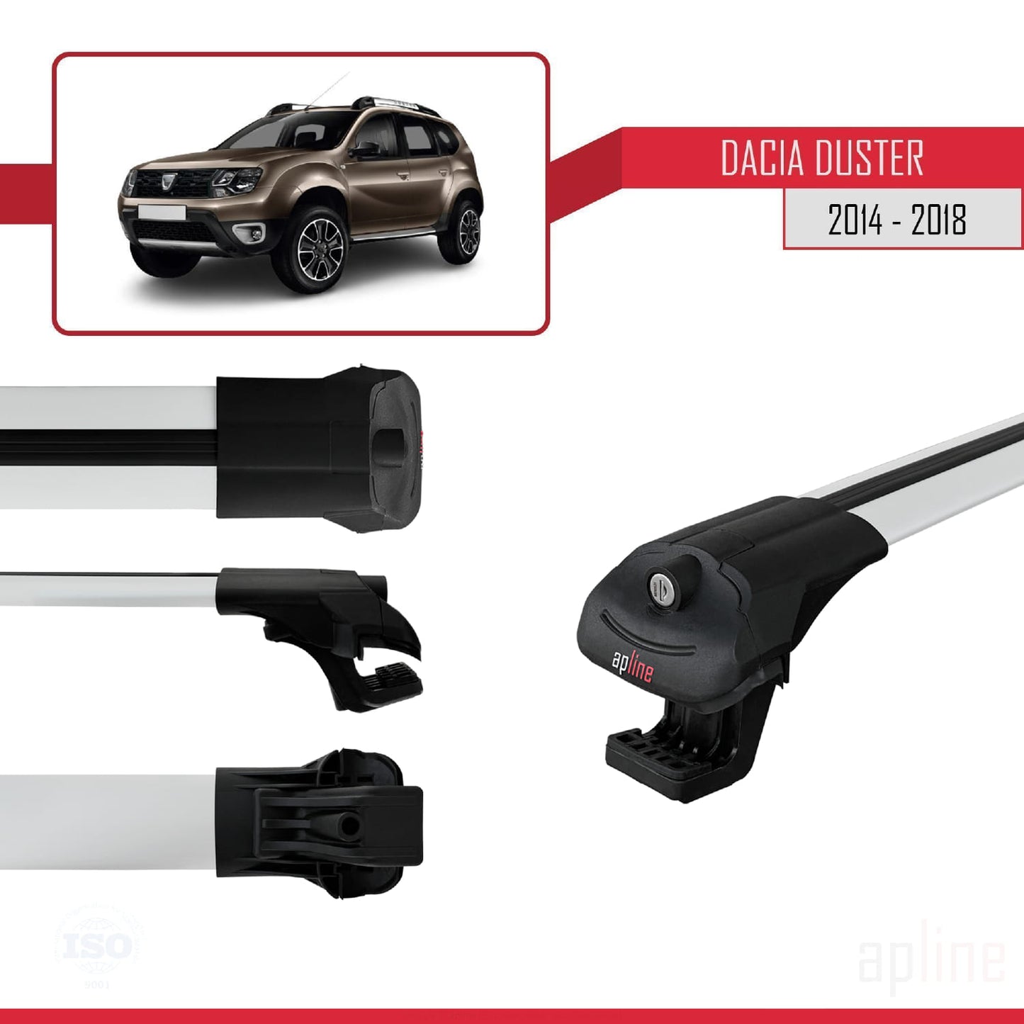 Kompatibel mit Dacia Duster (HS) nach Facelift 2014-2017 ACE-1 Dachgepäckträger, graues Aluminium, 2 Stangen