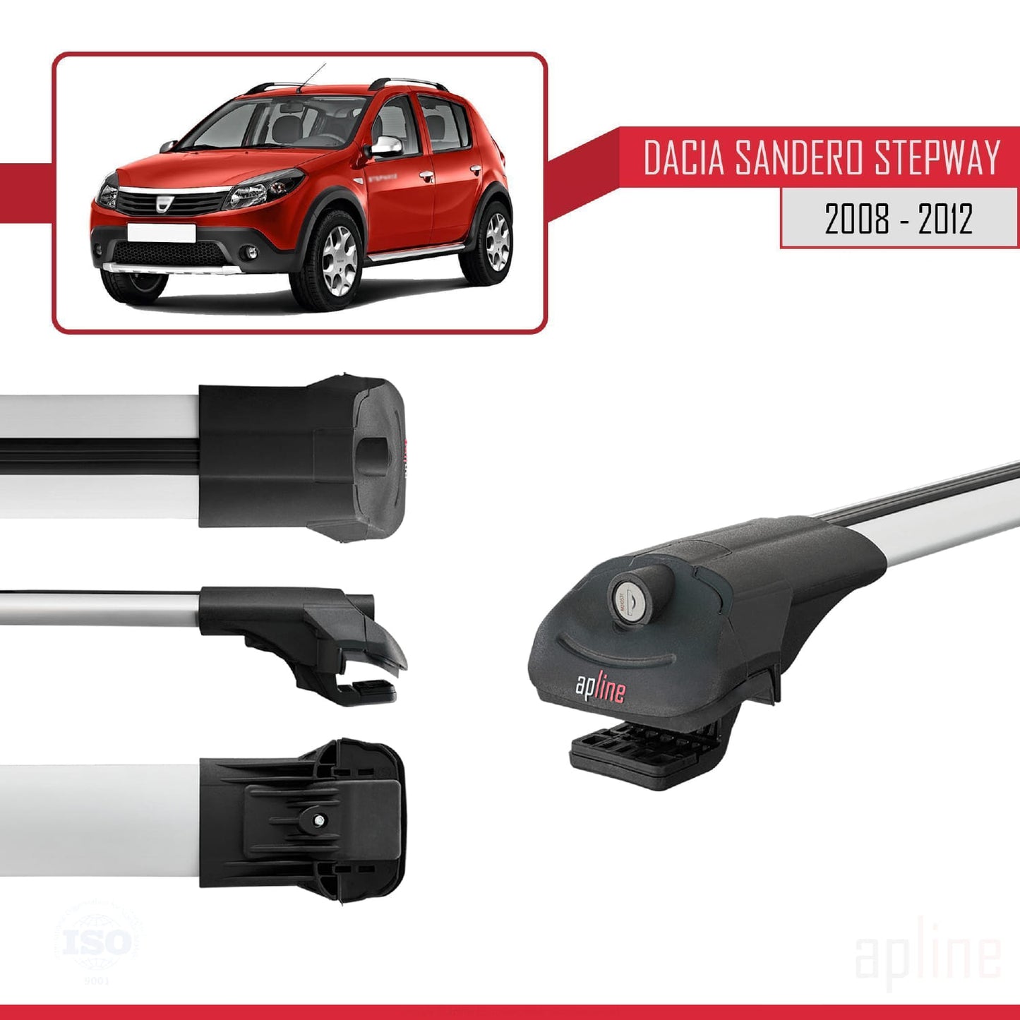 Kompatibel mit Dacia Sandero Stepway 2008-2012 ACE-1 Dachgepäckträger, Reling, Gepäckträger, graues Aluminium, 3 Stangen