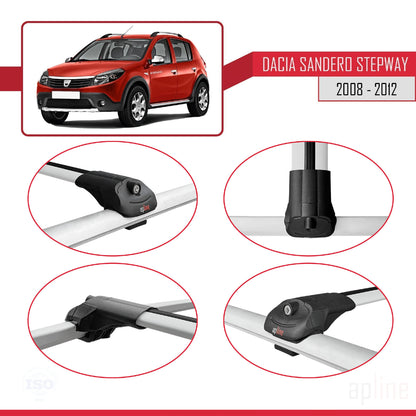Kompatibel mit Dacia Sandero Stepway 2008-2012 ACE-1 Dachgepäckträger, Reling, Gepäckträger, graues Aluminium, 3 Stangen