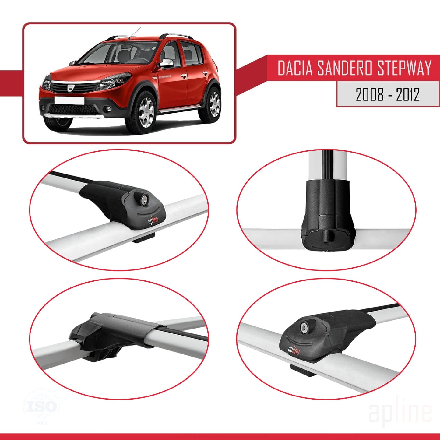 Kompatibel mit Dacia Sandero Stepway 2008-2012 ACE-1 Dachgepäckträger, Reling, Gepäckträger, graues Aluminium, 2 Stangen