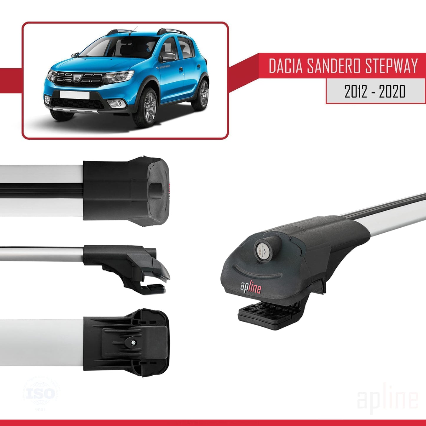 Kompatibel mit Dacia Sandero Stepway 2 2012-2020 ACE-1 Dachgepäckträger, Reling, Gepäckträger, graues Aluminium, 3 Stangen