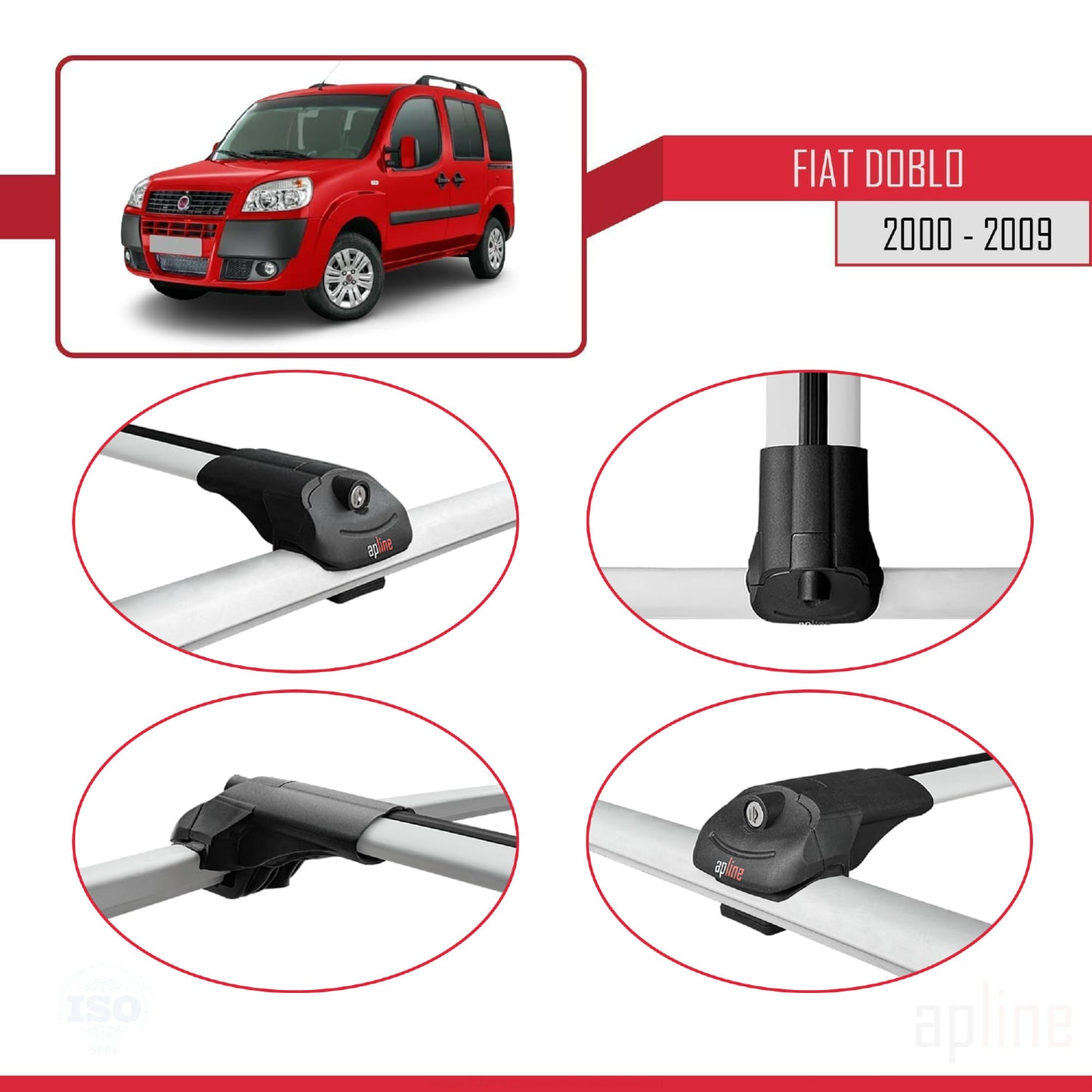 Kompatibel mit Fiat Doblo 2000-2009 ACE-1 Dachgepäckträger, Reling, Gepäckträger, graues Aluminium, 4 Stangen