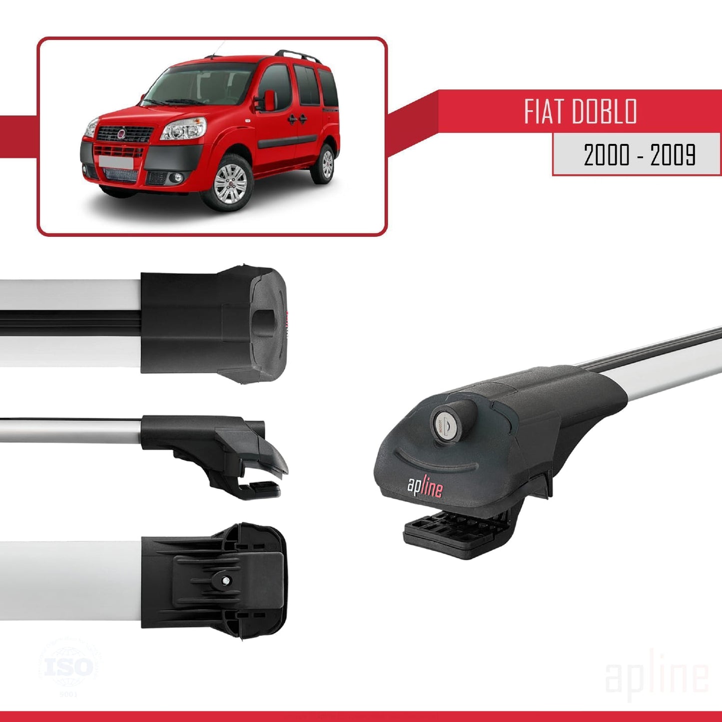 Kompatibel mit Fiat Doblo 2000-2009 ACE-1 Dachgepäckträger, Reling, Gepäckträger, graues Aluminium, 2 Stangen