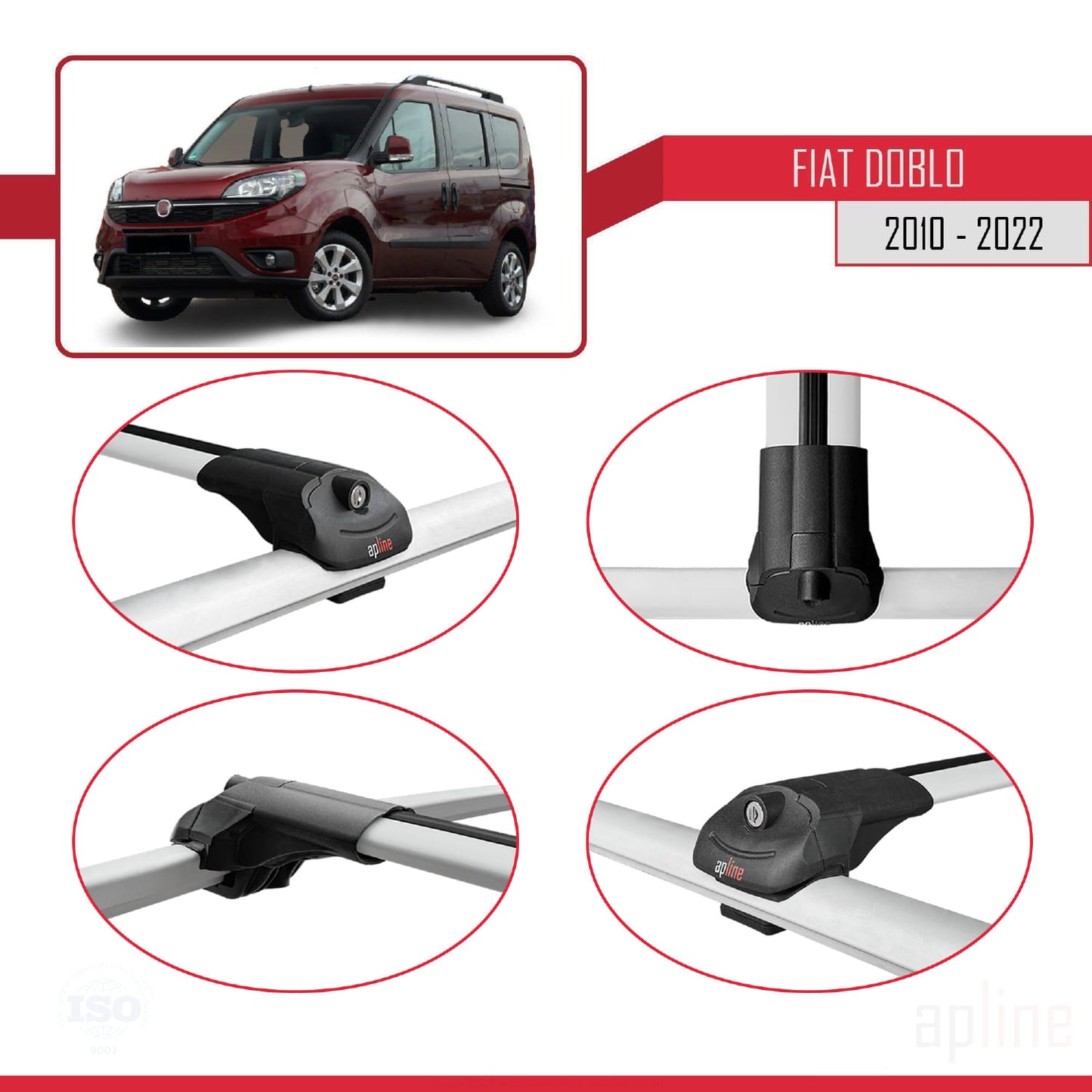 Kompatibel mit Fiat Doblo 2 2010-2022 ACE-1 Dachgepäckträger, Reling, Gepäckträger, graues Aluminium, 3 Stangen