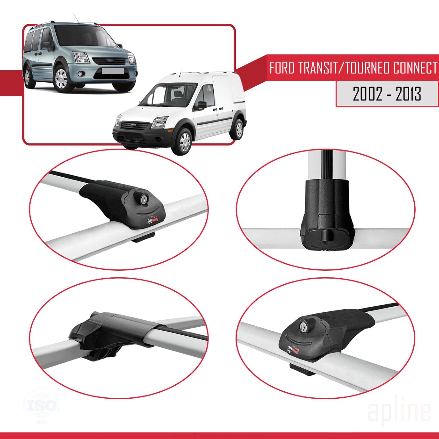 Kompatibel mit Ford Transit/Tourneo Connect 2002-2013 ACE-1 Relingträger Dachträger Auto Gepäckträger Grau Aluminium 4 Stangen
