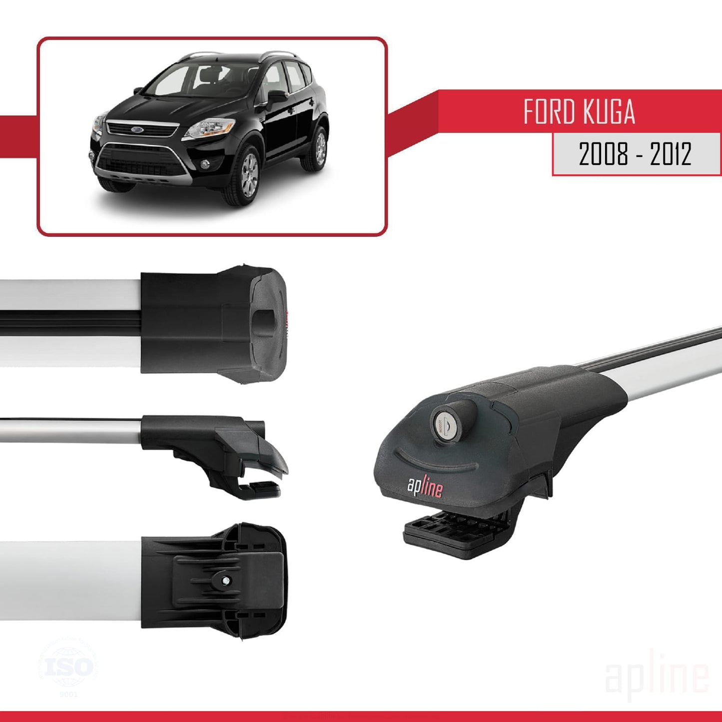 Kompatibel mit Ford Kuga (C394) 2008-2012 ACE-1 Relingträger Dachträger Auto Gepäckträger Grau Aluminium 3 Stangen