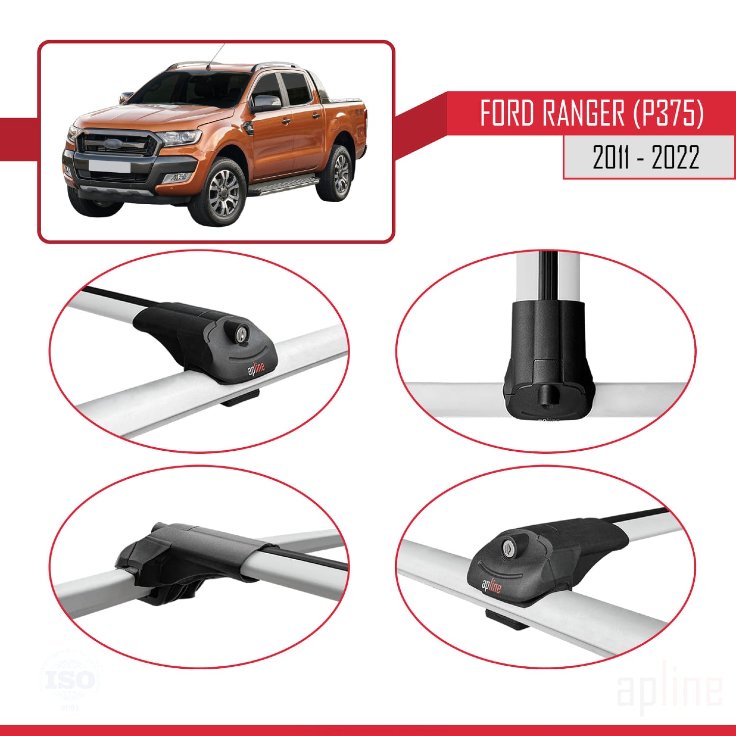 Kompatibel mit Ford Ranger (P375) 2011-2022 ACE-1 Dachgepäckträger, Reling, Gepäckträger, graues Aluminium, 3 Stangen