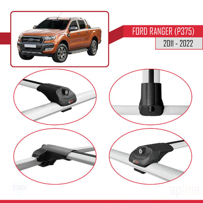 Kompatibel mit Ford Ranger (P375) 2011-2022 ACE-1 Dachgepäckträger, Reling, Gepäckträger, graues Aluminium, 3 Stangen