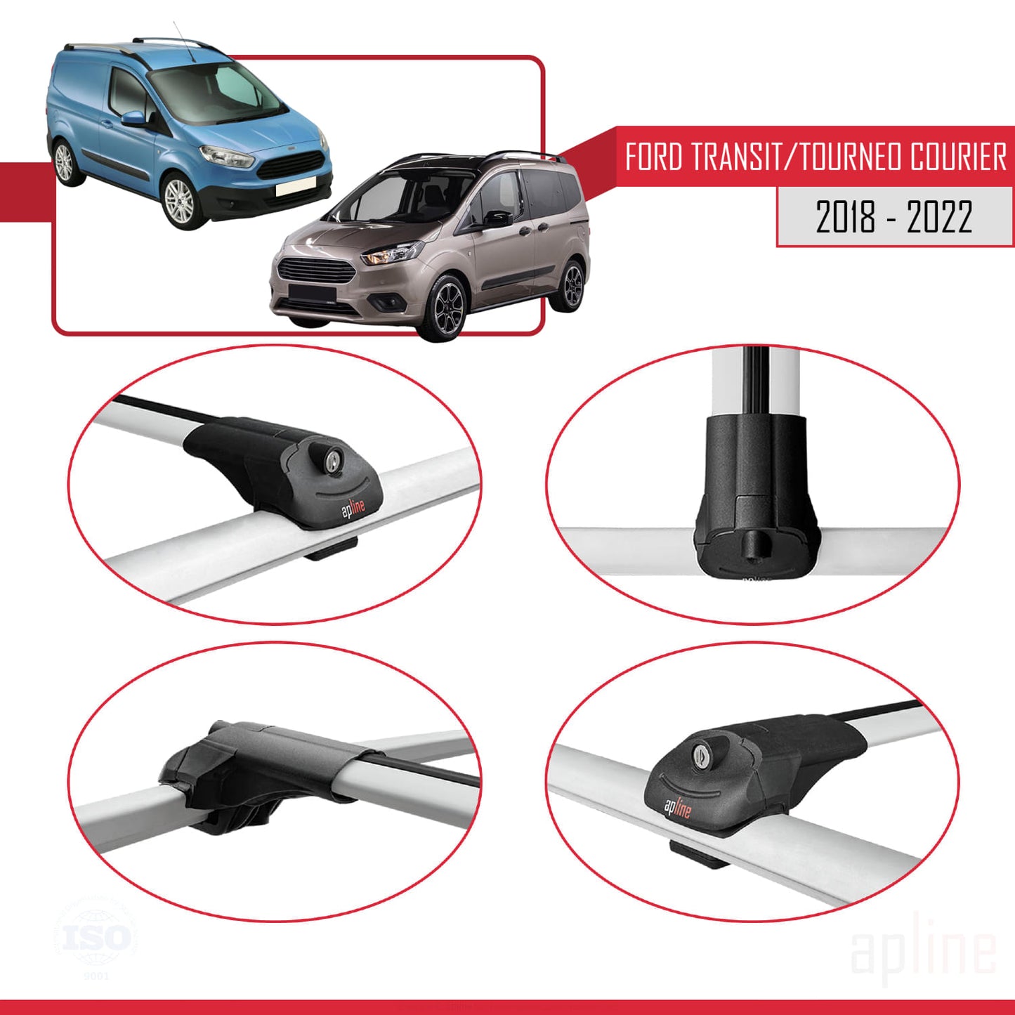 Compatible avec Ford Transit/Tourneo Courier Post-Facelift 2018-2022 ACE-1 Barres de Toit Railing Porte-Bagages de Voiture Gris Aluminium 4 Barres