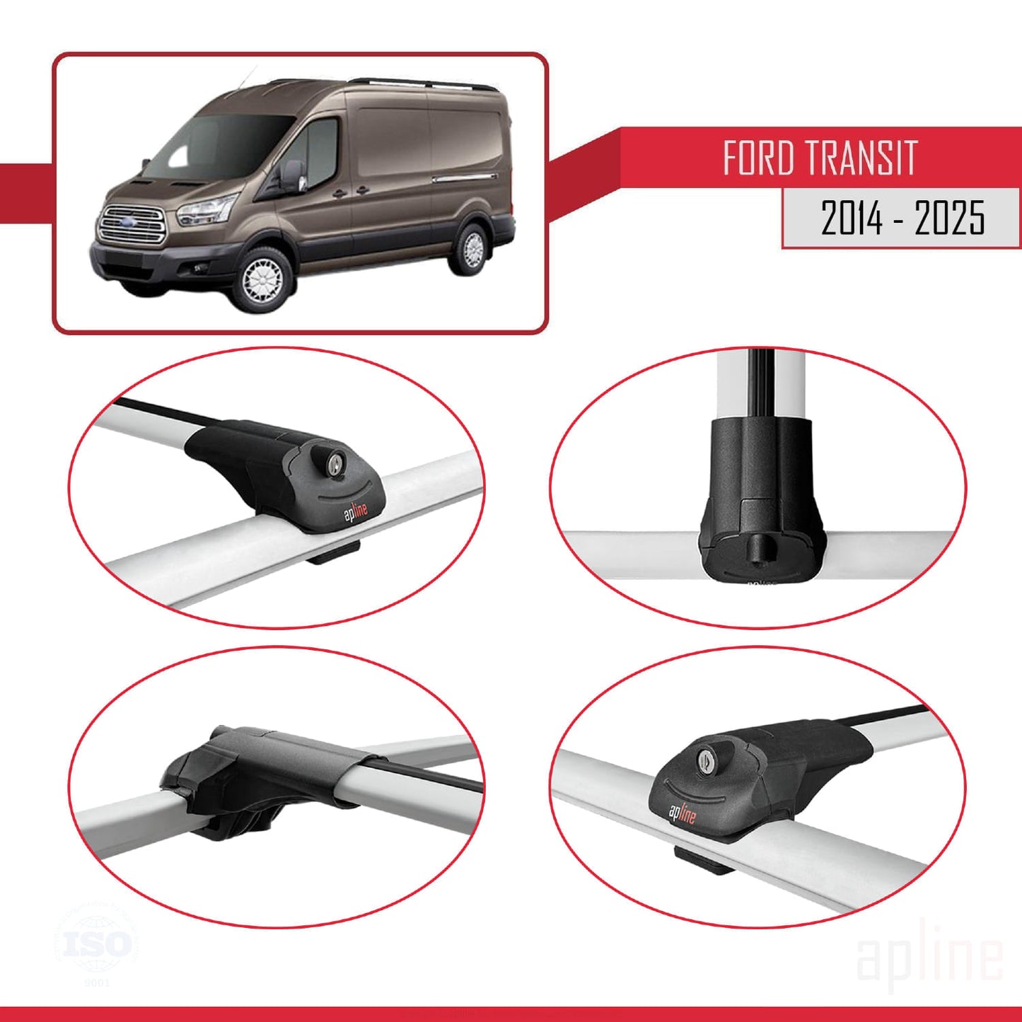 Compatible with Ford Transit 2014-2025 ACE-1 Car Roof Rack Cross Bar Grey Aluminium 3 Bars