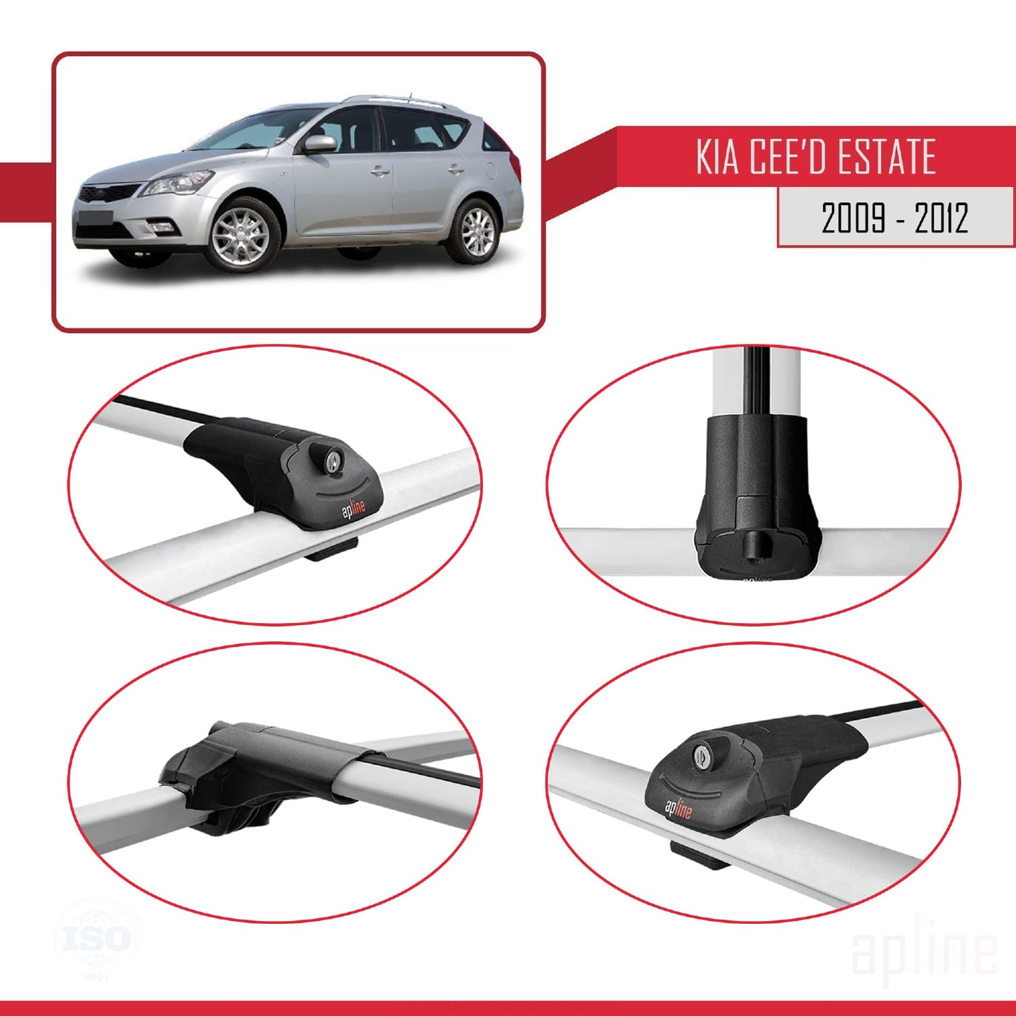 Compatible with Kia Ceed (ED) SW Post-Facelift 2009-2012 ACE-1 Car Roof Rack Cross Bar Grey Aluminium 2 Bars