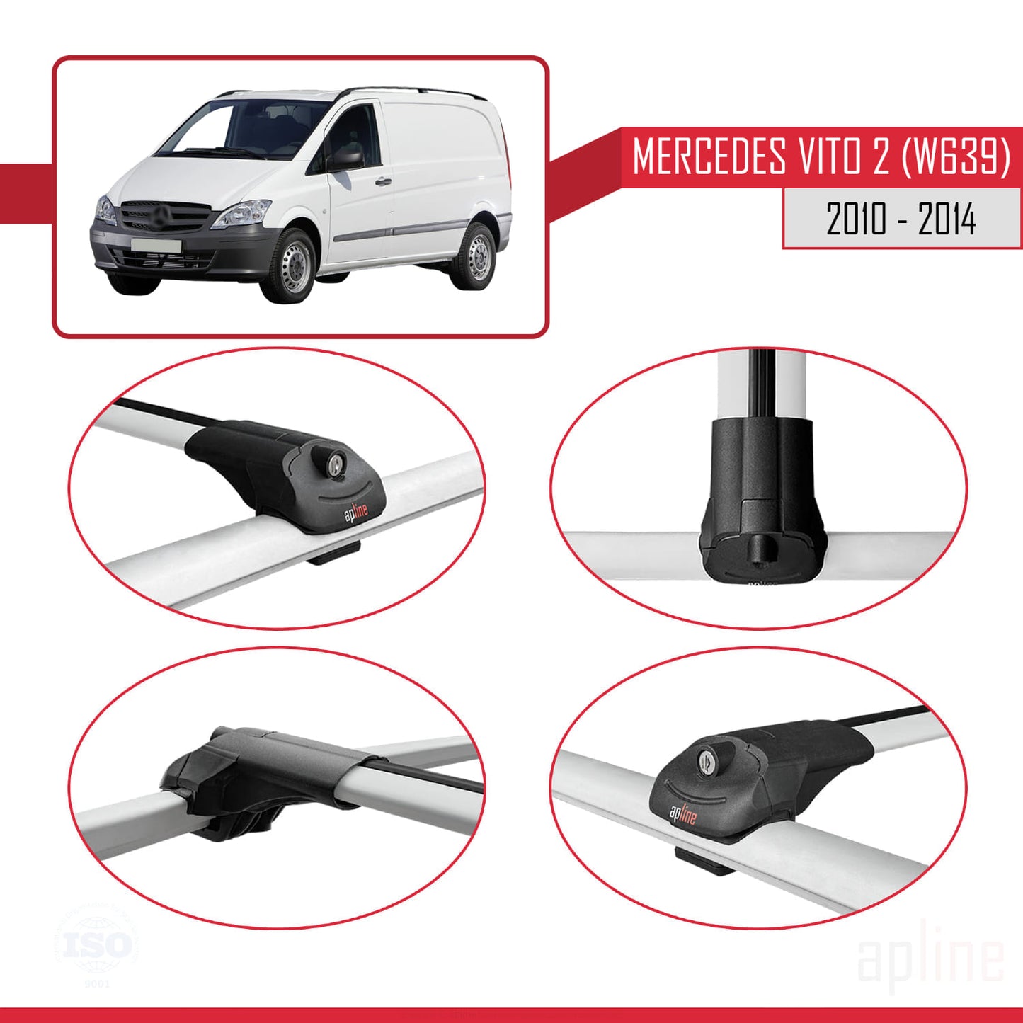 Compatible with Mercedes Vito 2 (W639) Post-Facelift 2010-2014 ACE-1 Car Roof Rack Cross Bar Grey Aluminium 2 Bars