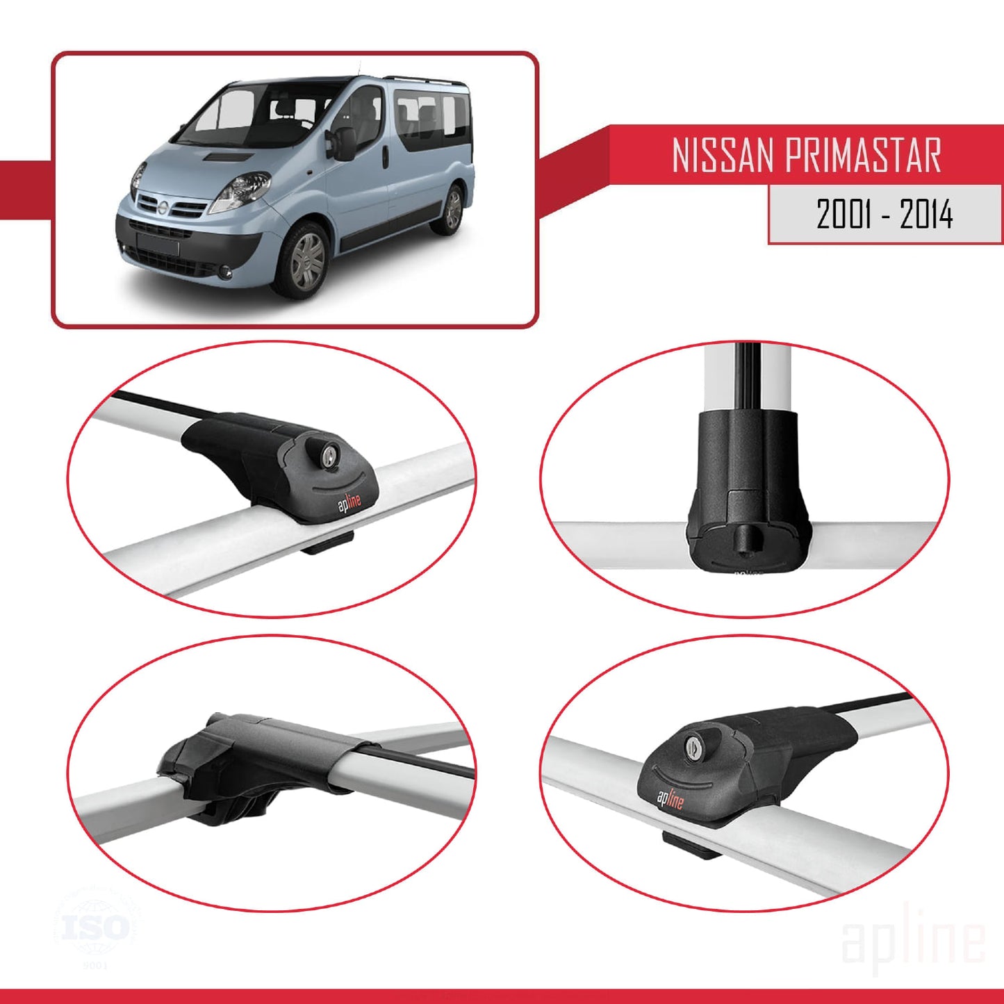 Compatible with Nissan Primastar 2001-2014 ACE-1 Car Roof Rack Cross Bar Grey Aluminium 3 Bars