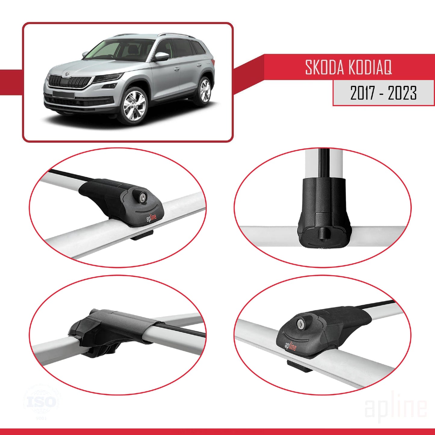 Compatible with Skoda Kodiaq 2017-2023 ACE-1 Car Roof Rack Cross Bar Grey Aluminium 2 Bars