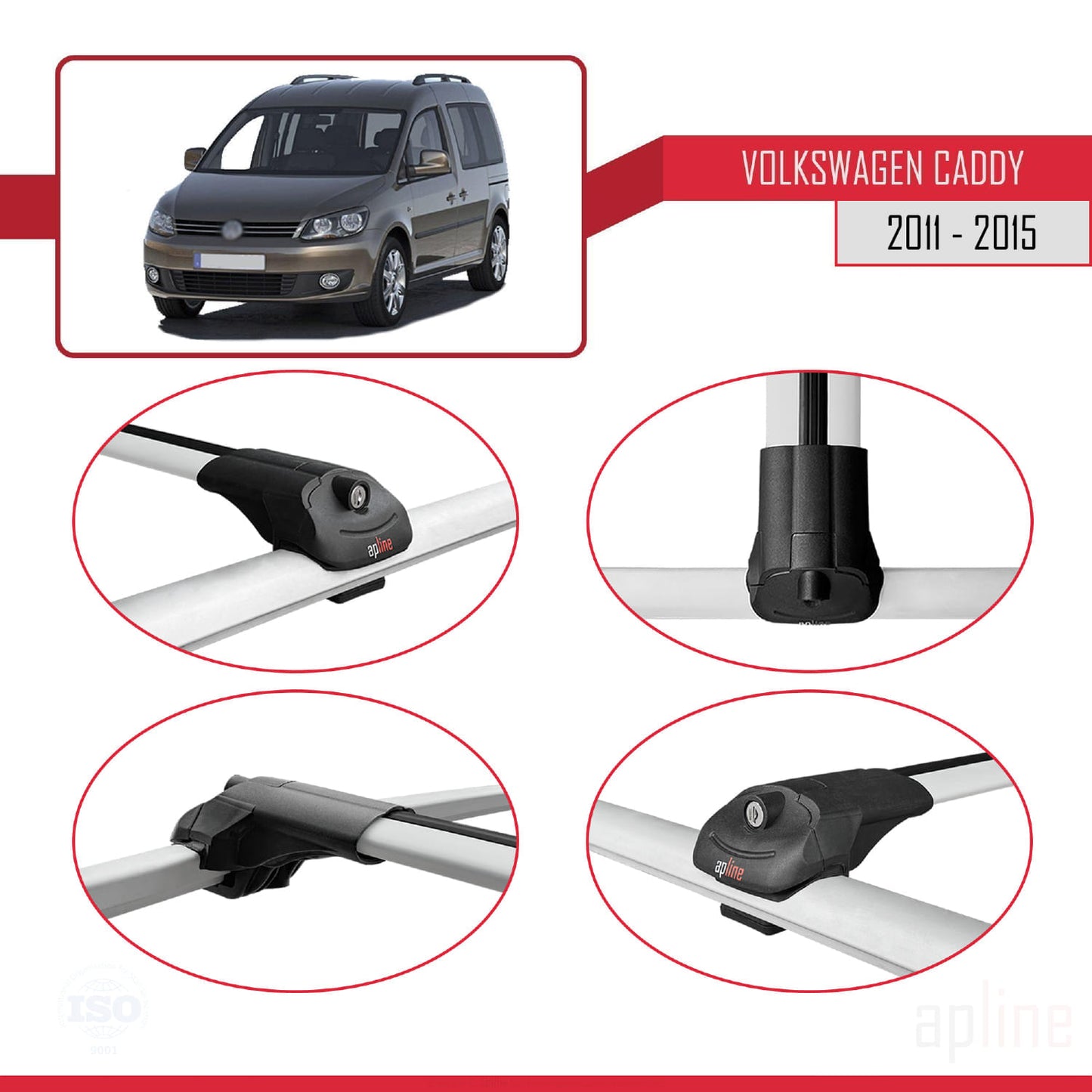 Compatible avec Volkswagen Caddy 3 (2K) 2011-2015 ACE-1 Barres de Toit Railing Porte-Bagages de Voiture Gris Aluminium 3 Barres