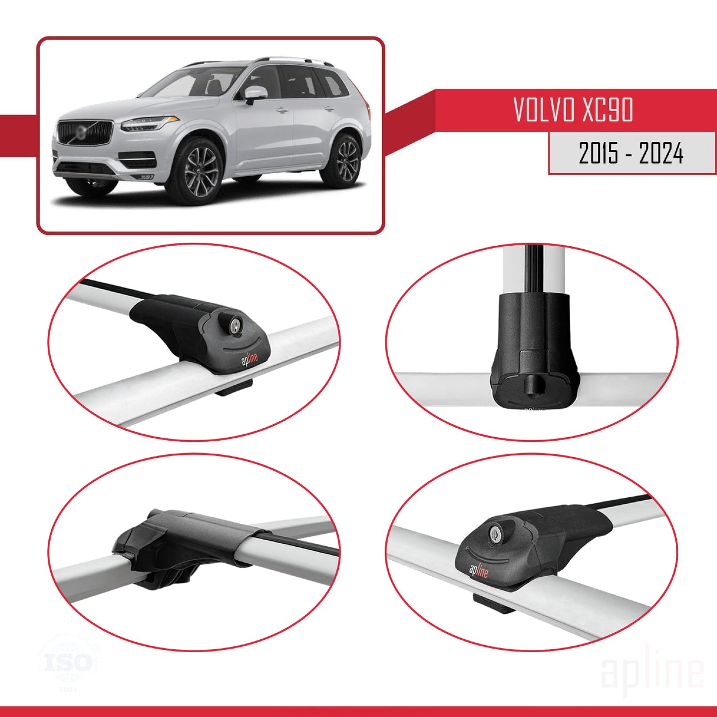 Compatible avec Volvo XC90 II 2015-2025 ACE-1 Barres de Toit Railing Porte-Bagages de Voiture Gris Aluminium 2 Barres