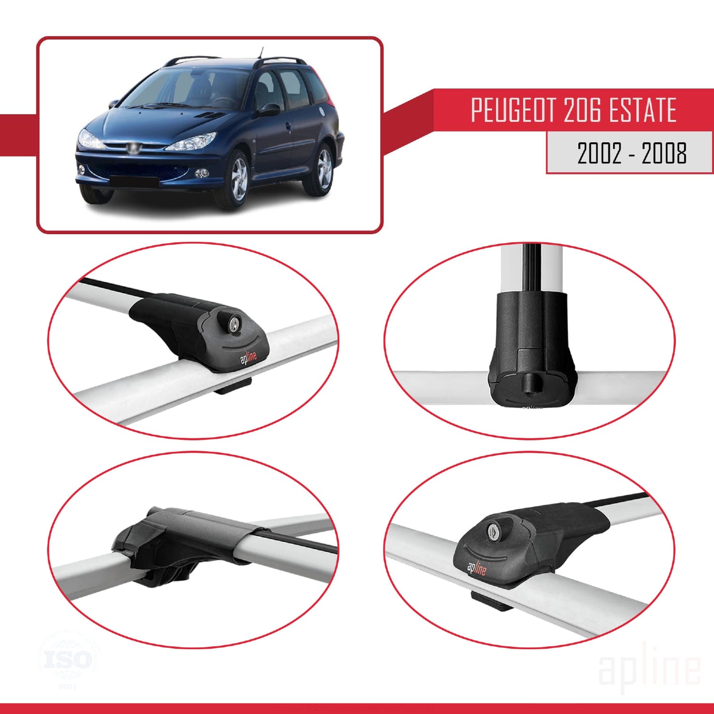 Compatible avec Peugeot 206 Break 2002-2008 ACE-1 Barres de Toit Railing Porte-Bagages de Voiture Gris Aluminium 3 Barres