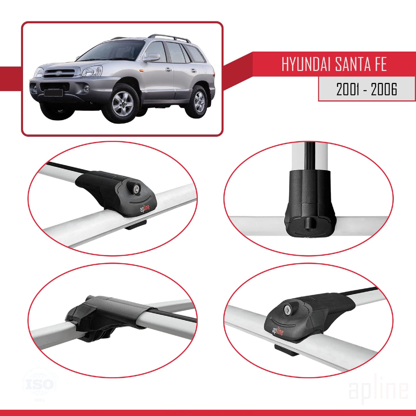 Compatible with Hyundai Santa Fe (SM) 2001-2006 ACE-1 Car Roof Rack Cross Bar Grey Aluminium 3 Bars