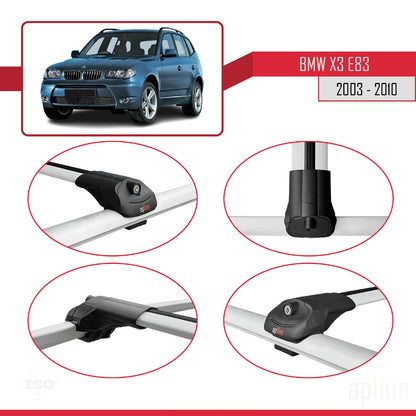 Kompatibel mit BMW X3 (E83) 2003-2010 ACE-1 Dachgepäckträger, Reling, Gepäckträger, graues Aluminium, 3 Stangen