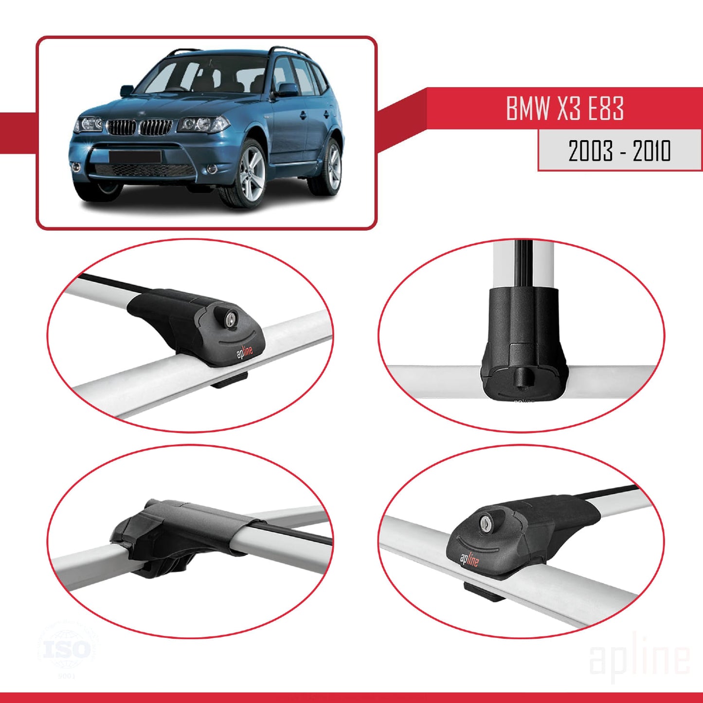 Kompatibel mit BMW X3 (E83) 2003-2010 ACE-1 Dachgepäckträger, Reling, Gepäckträger, graues Aluminium, 2 Stangen