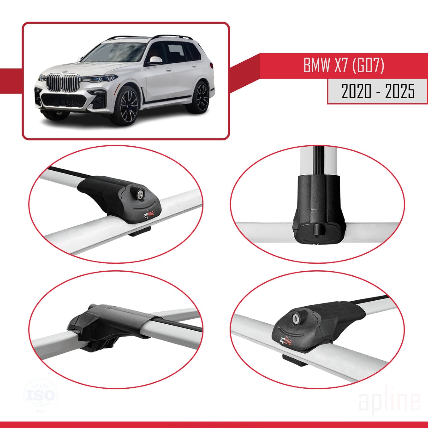 Kompatibel mit BMW X7 (G07) ​​2020-2025 ACE-1 Dachgepäckträger, Reling, Gepäckträger, graues Aluminium, 3 Querträger